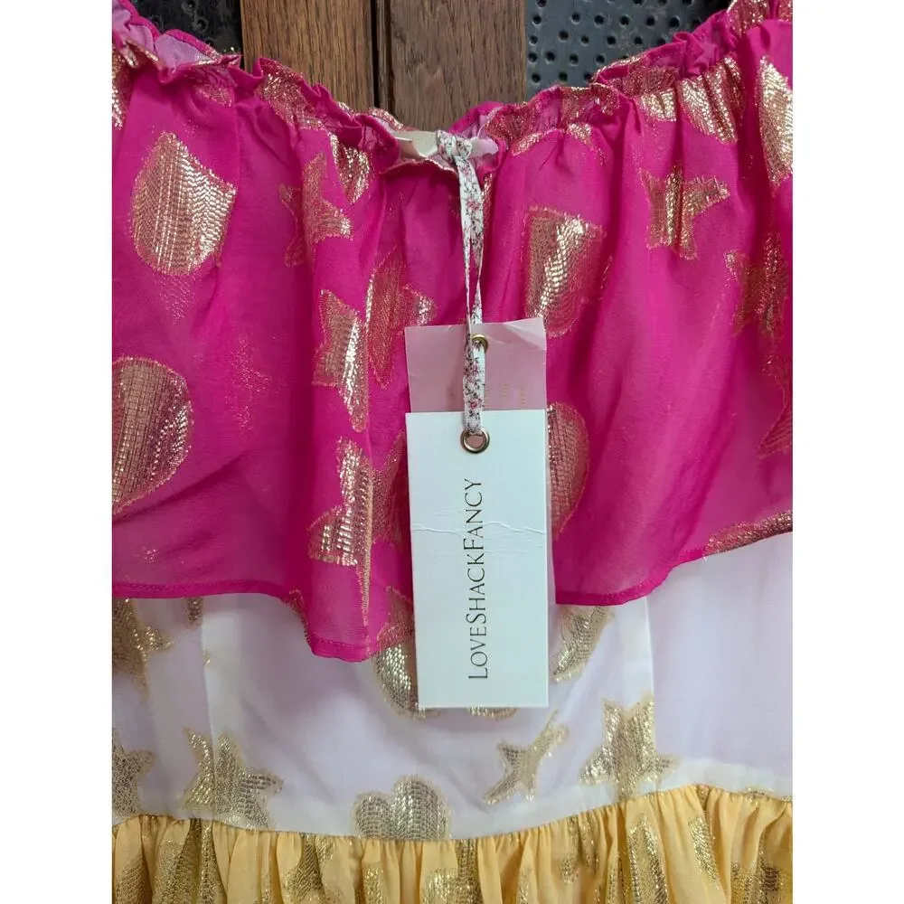 LoveShackFancy Multicolor Metallic Tiered Maxi Dress Pink Gold Stars NWT Size 4